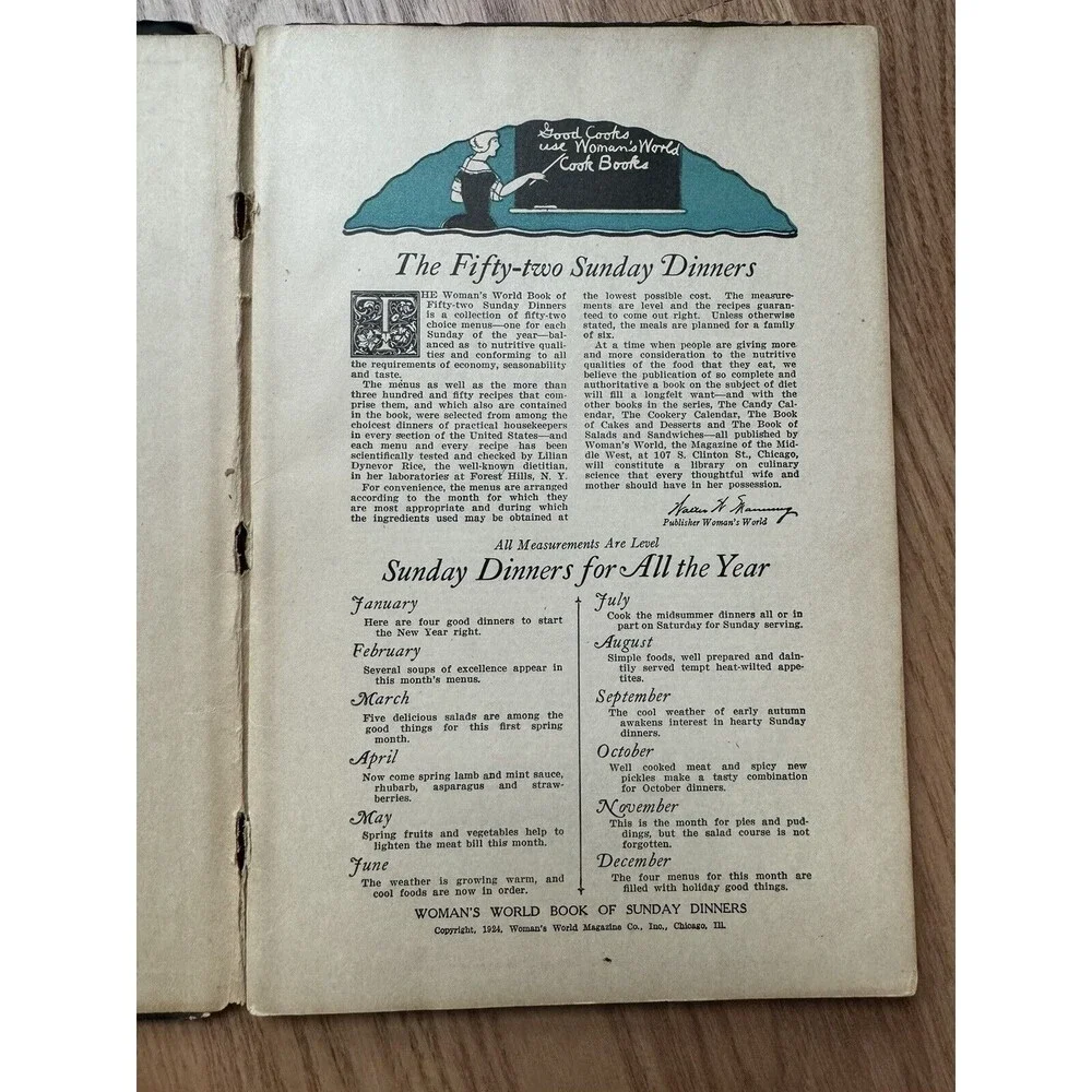 1924‎ The 52 Sunday Dinners Book Woman's World Magazine Recipes Cookbook Vintage